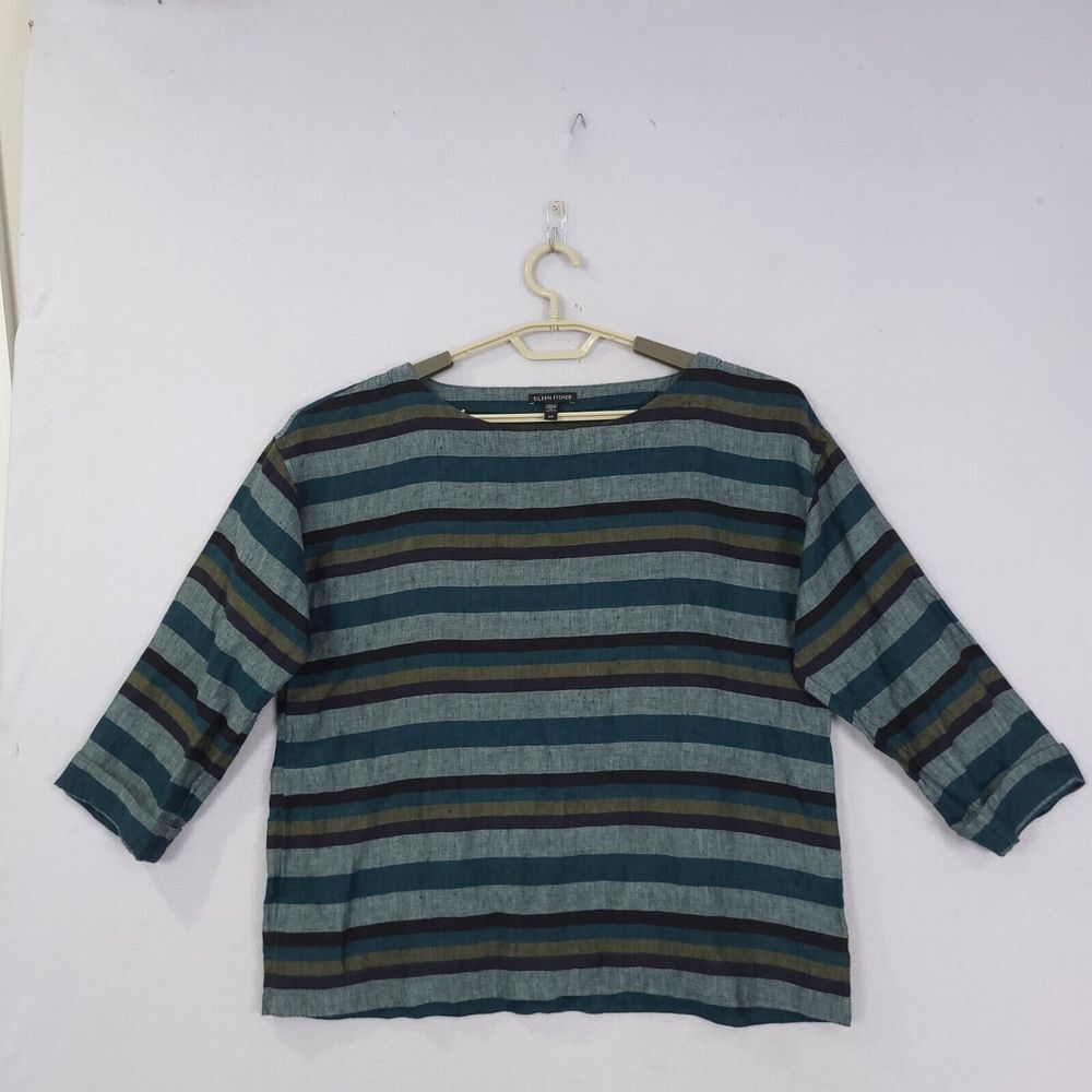 Eileen Fisher Organic Linen Top Sz SP Stripe Bateau Neck Relaxed Lagenlook